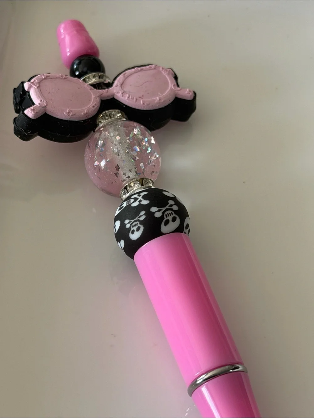 Girls' Pink Novelty Pen with Sunglasses & Skull Bead